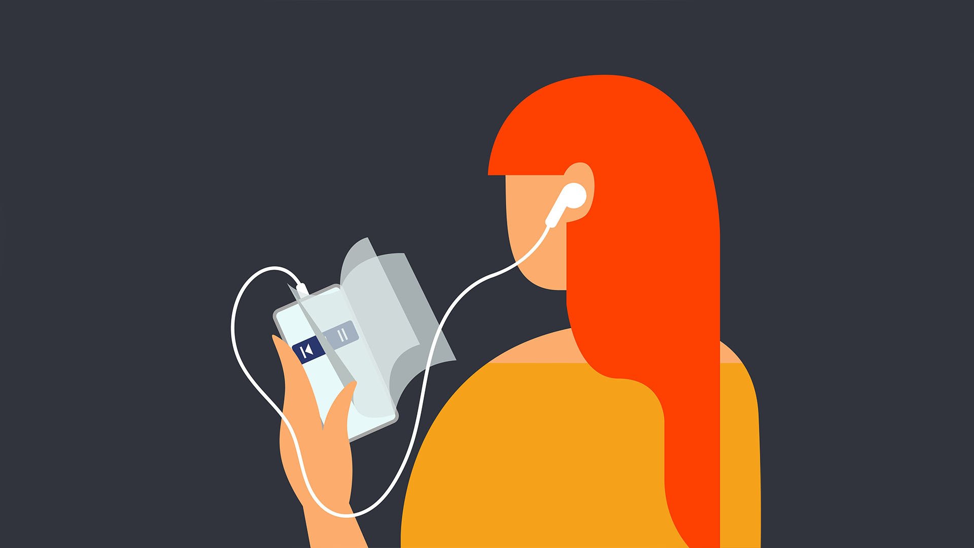 illustration of a person looking at their phone, which resembles a book. they are wearing headphones and have red hair and a yellow shirt.
