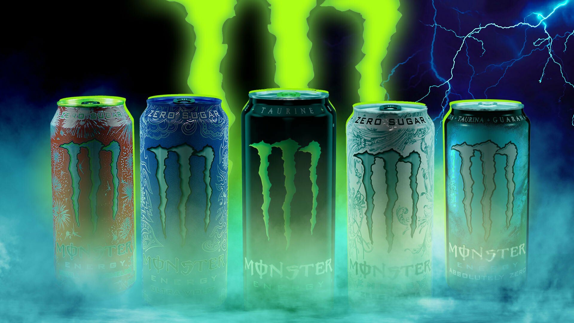 Monster energy drink cans lined up in a row