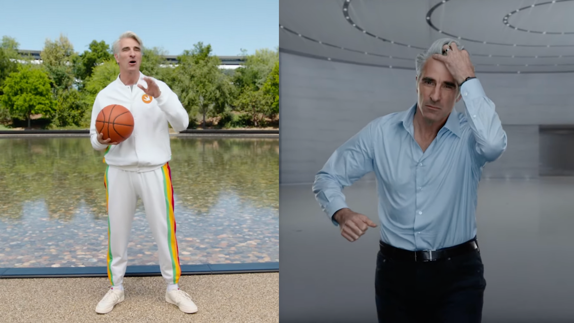 Two photos of Craig Federighi: one of him in a white track suit, the other of him running in slo-mo in a blue button up shirt.