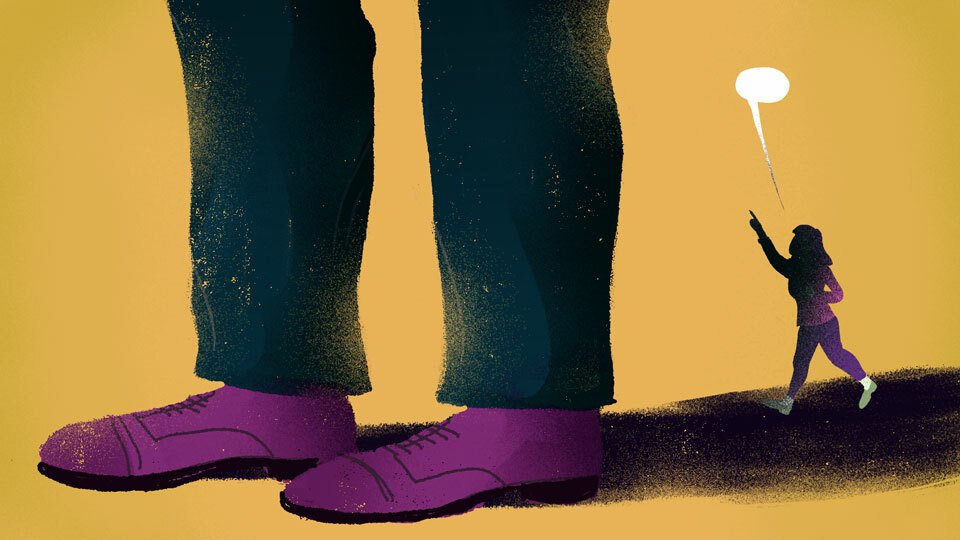 An illustration of a very small person standing in the shadow of a giant pair of legs.