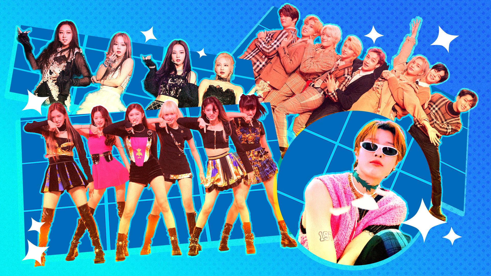 A collage of images of K-pop stars