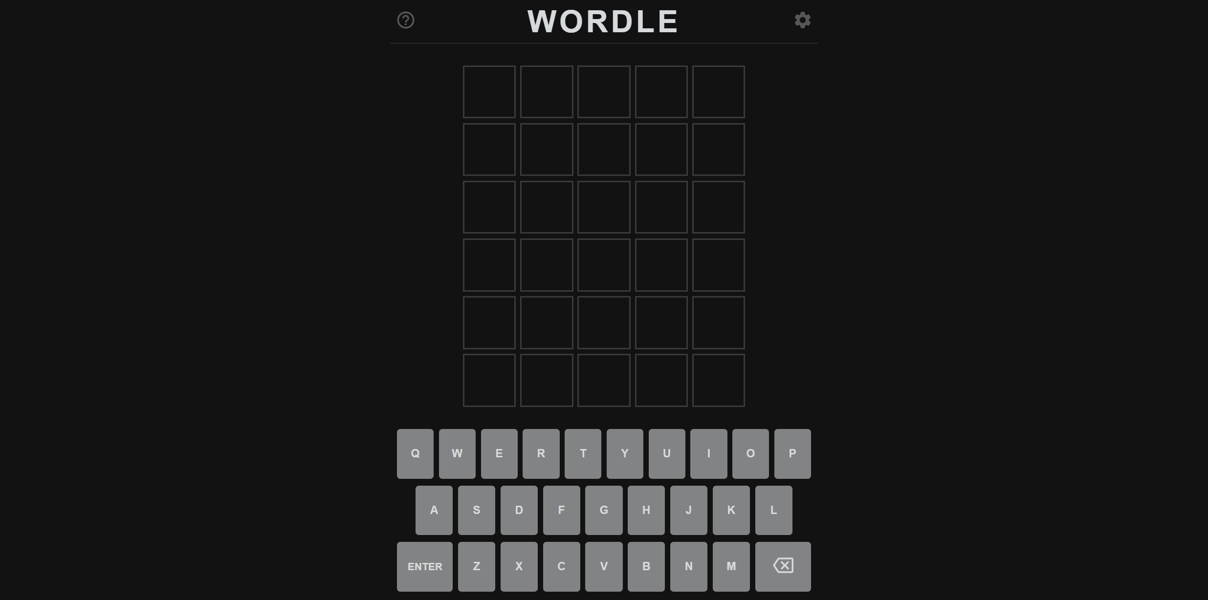 A screenshot of an empty Wordle puzzle with the dark theme active. The title 