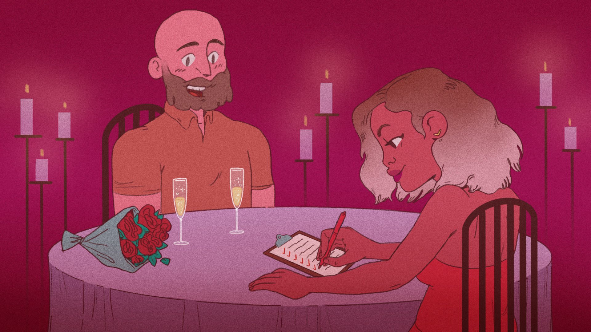 two people sitting at a table on a date as one fills out a checklist