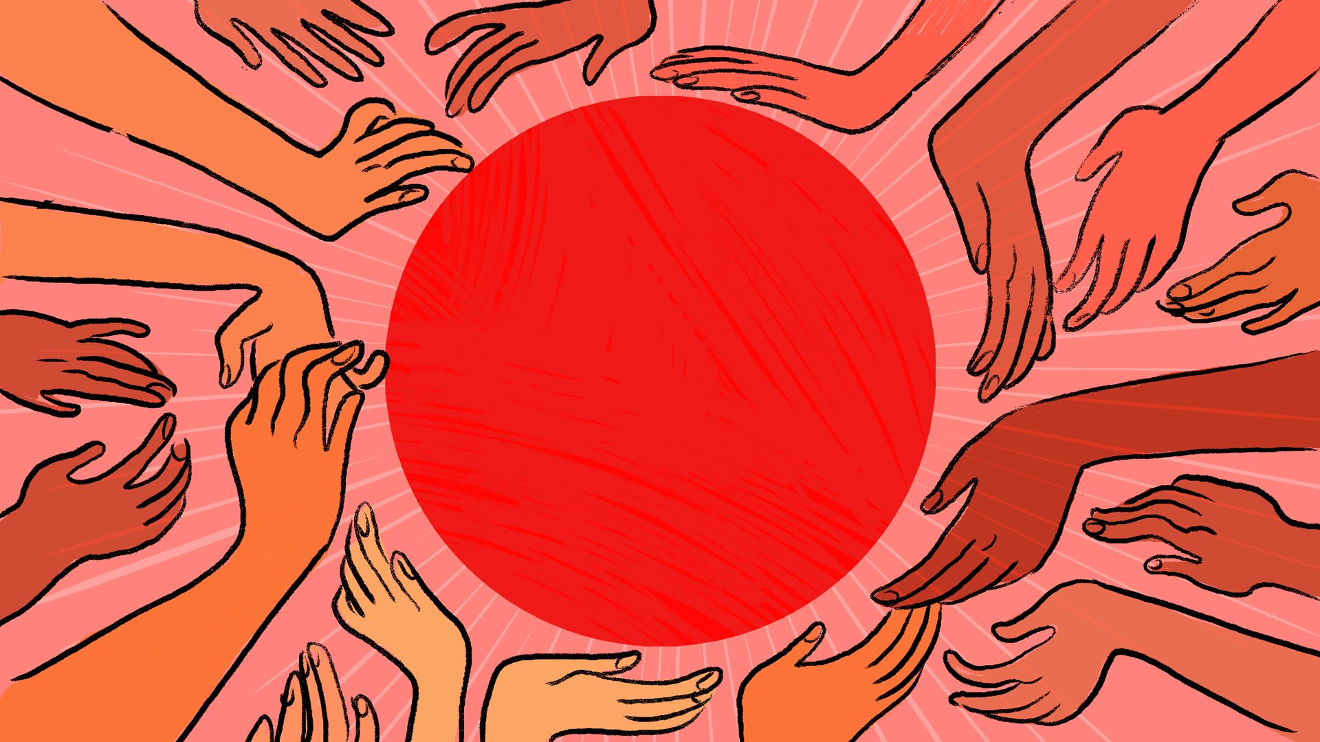 An illustration of multiple sets of hands encircling a large, red dot.