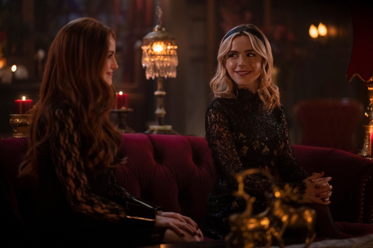 Madelaine Petsch as Cheryl Blossom and Kiernan Shipka as Sabrina Spellman on Riverdale.
