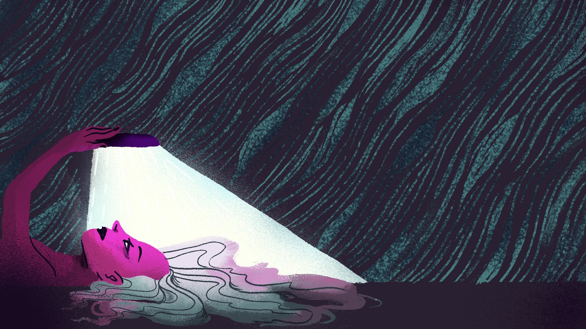 Moody illustration of a woman looking at her phone.