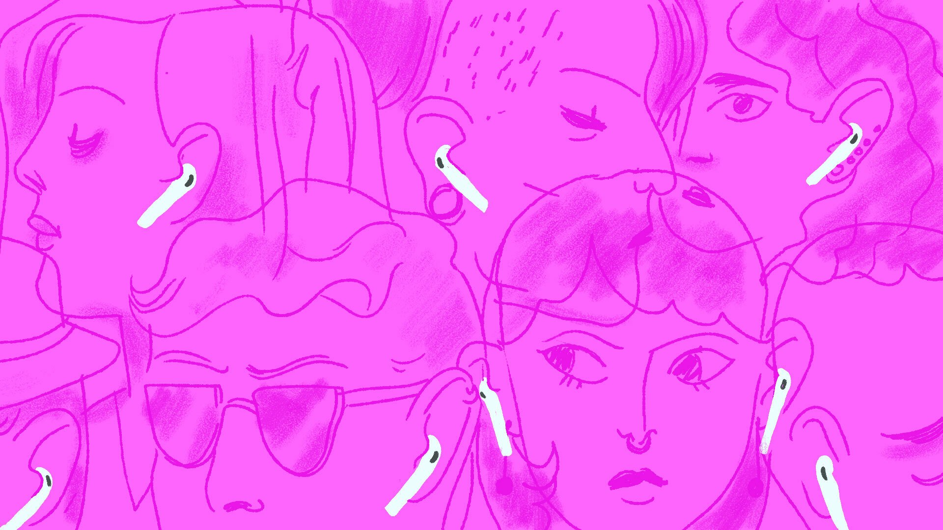 An illustration of multiple people wearing AirPods. The entire image is colored pink. 