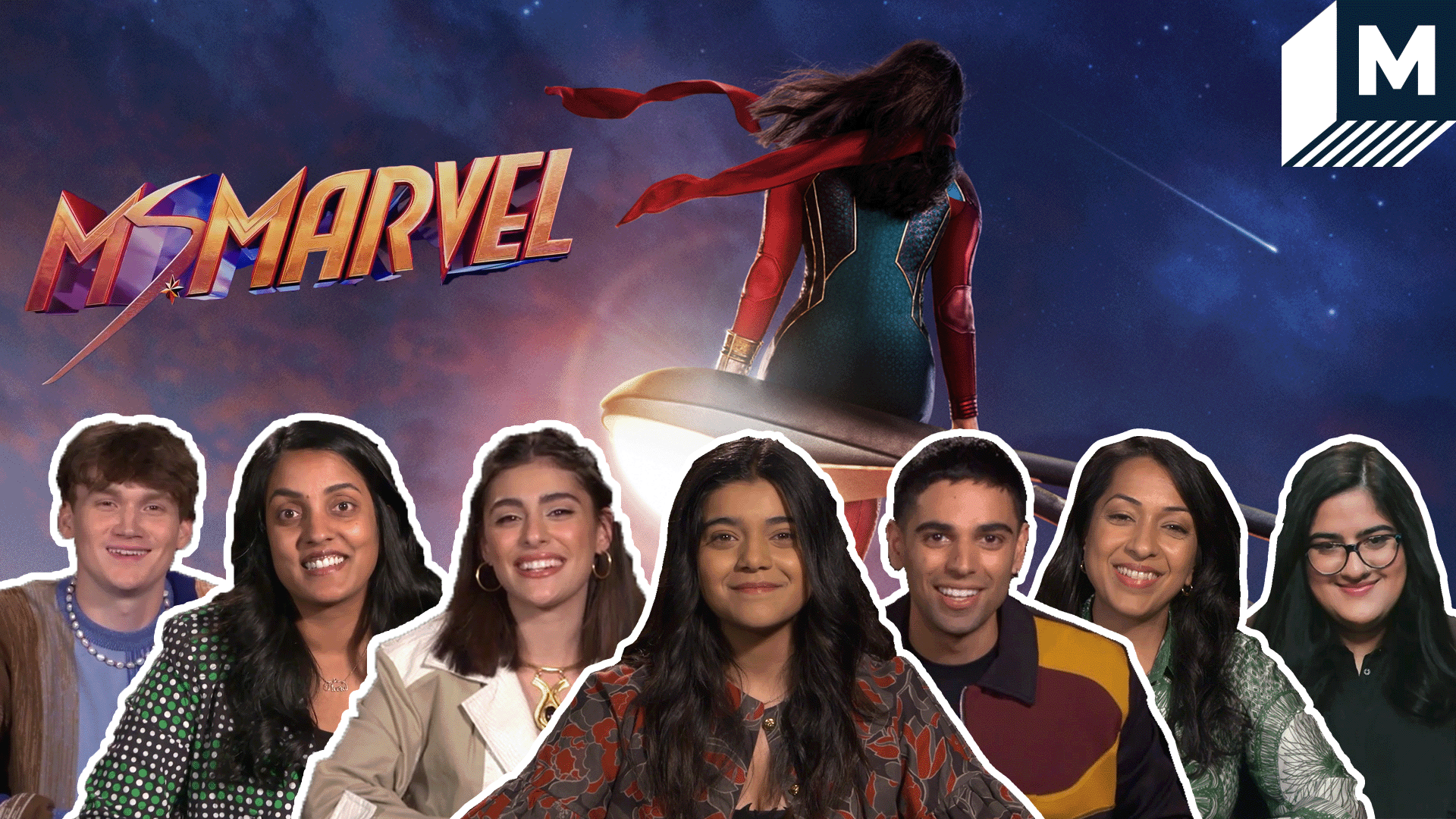 The cast and creators of Ms Marvel smiling in front of the Ms Marvel poster