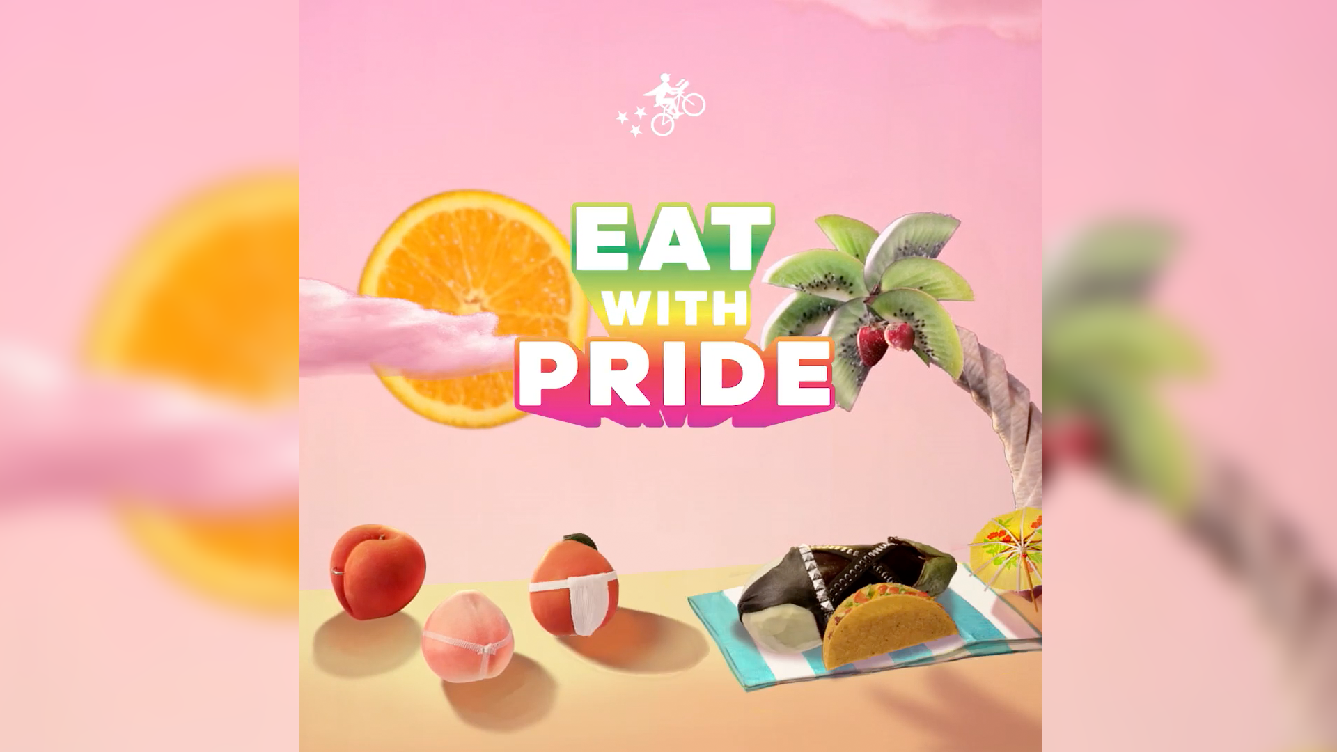 postmates eat with pride logo above anthropomorphic fruits lounging on a beach
