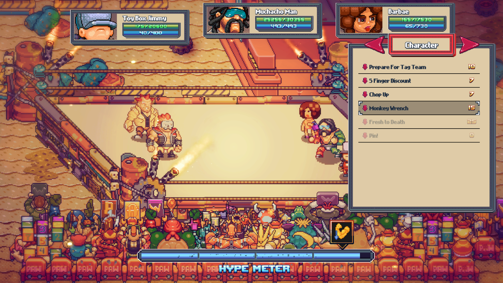 Gameplay from Mega Cat Studios' rpg WrestleQuest showing six wrestlers in the ring in a retro pixel art style