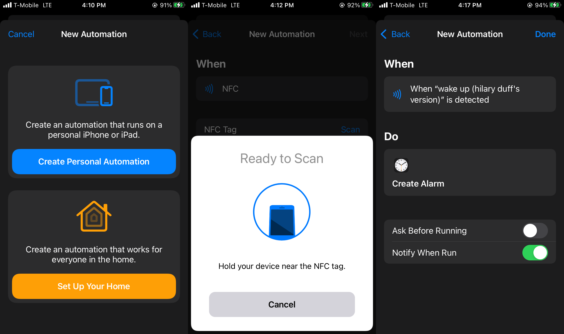 screenshots depicting how to set up NFC tags