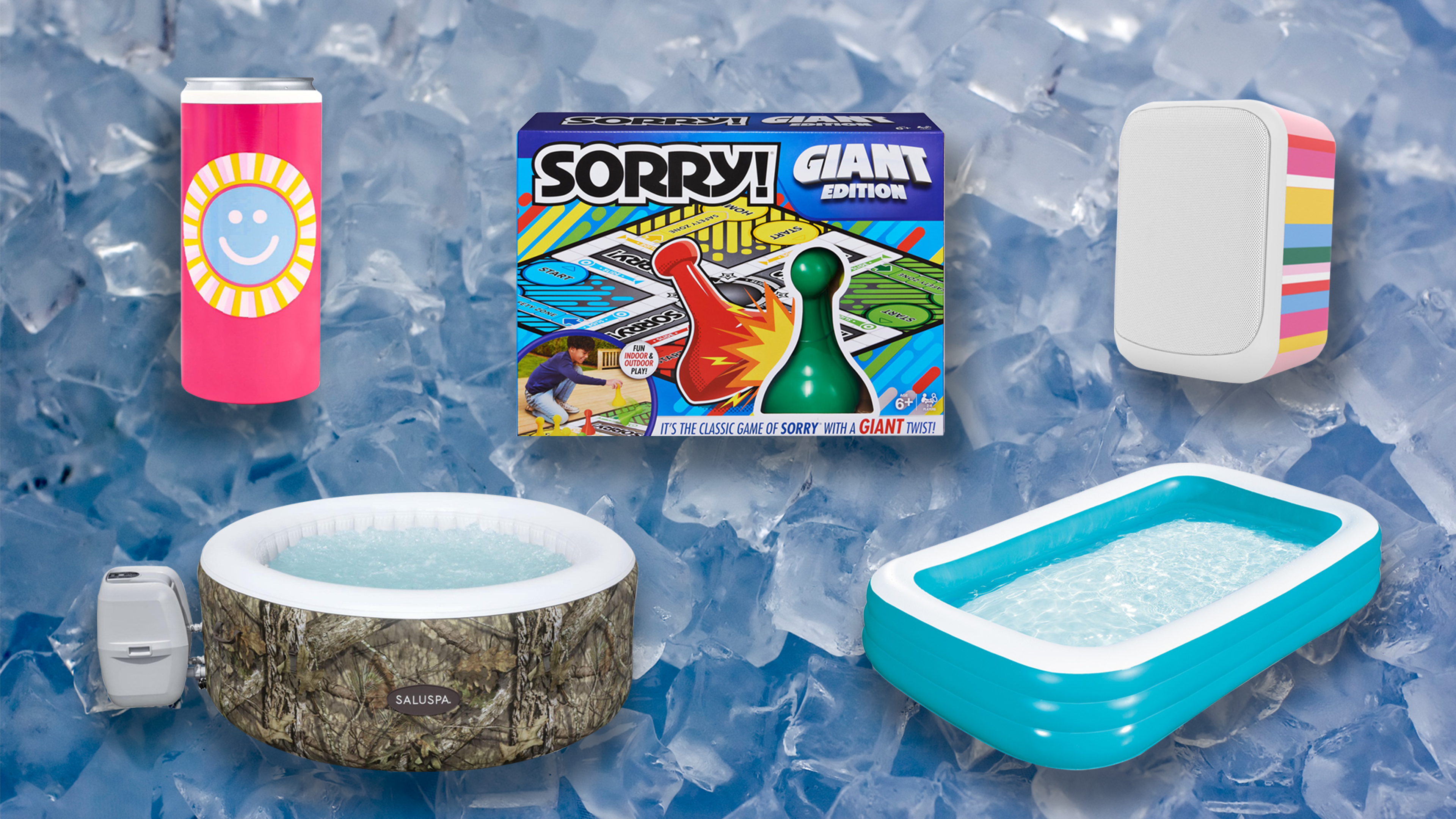 roundup of summer party products - inflatable pools, beverage holder, giant Sorry board game and colorful speaker
