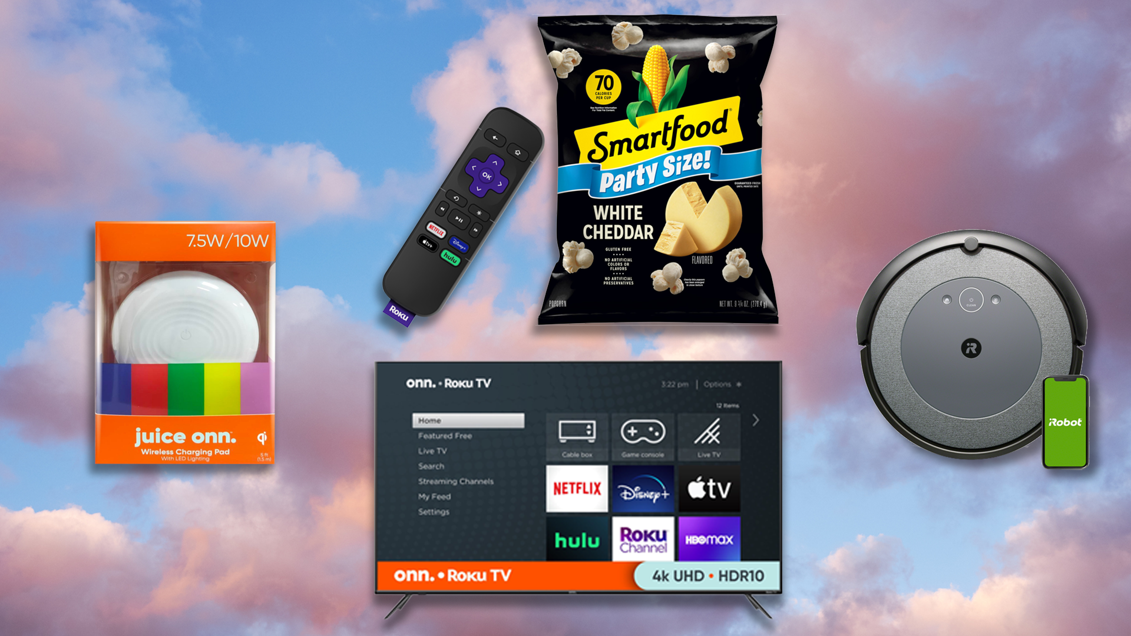 streaming and entertainment gear product roundup of wireless charging pad, smart tv, roku device, popcorn and robot vacuum