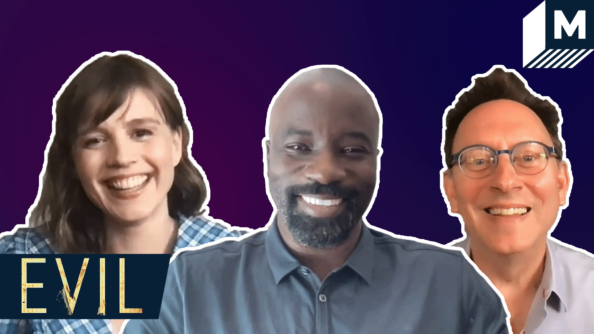 Mike Colton, Katja Herbers and Michael Emerson smiling next to the Evil logo