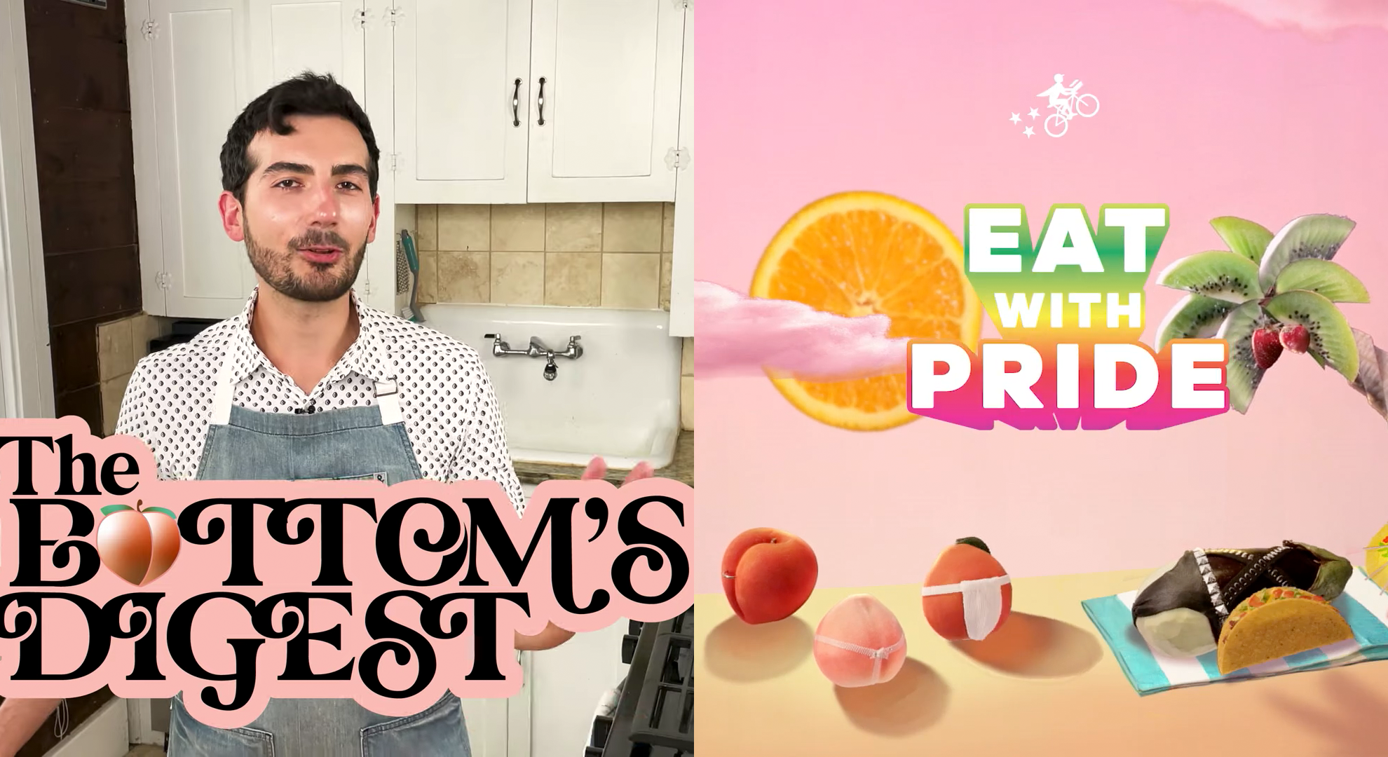 left: white man wearing apron with 'the bottom's digest' in black and pink text; right: anthropomorphic fruit dressed in underwear and harnesses with 'eat with pride' text