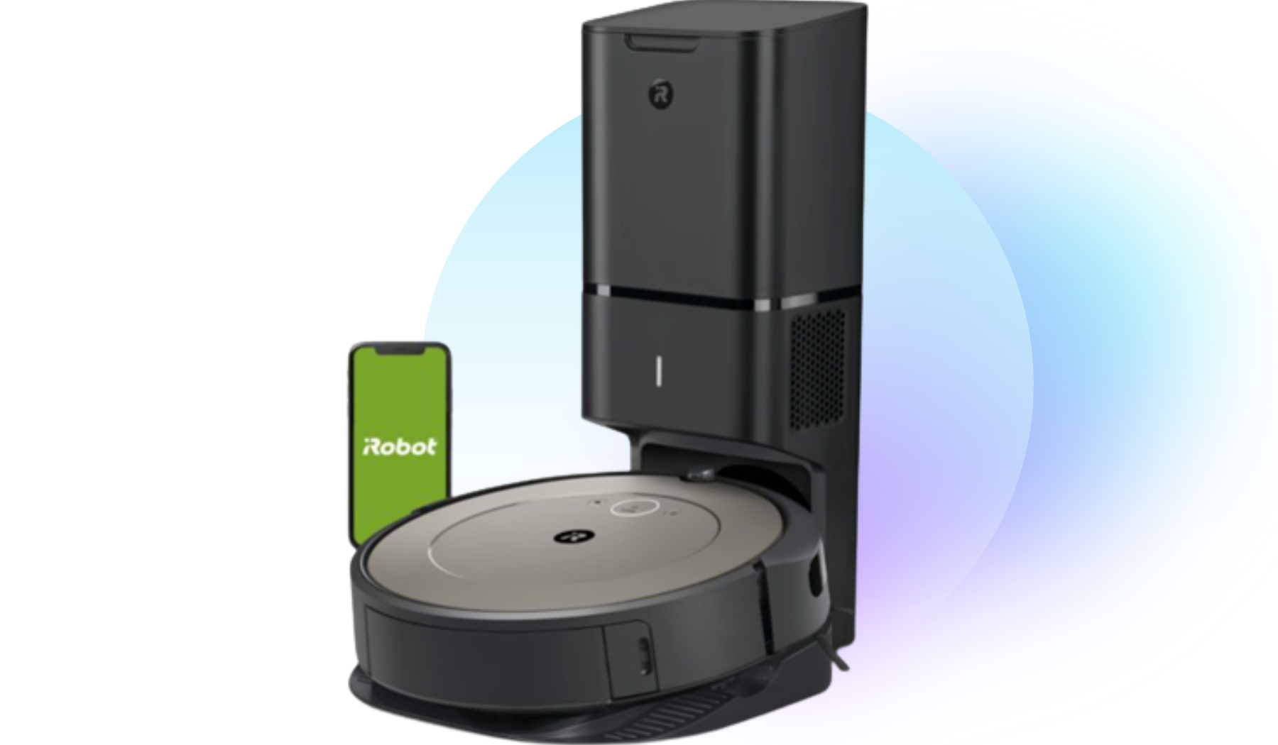 iRobot Roomba i1+ and smartphone on green iRobot screen