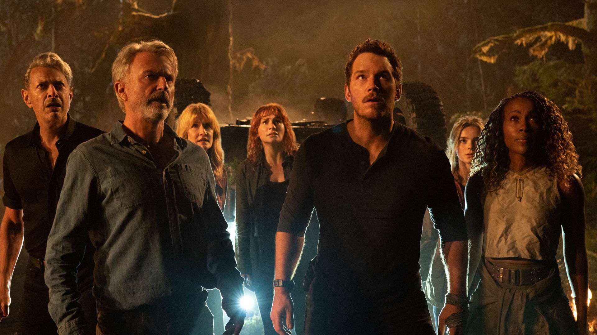 Dr. Ian Malcolm (Jeff Goldblum), Dr. Alan Grant (Sam Neill), Dr. Ellie Sattler (Laura Dern), Claire Dearing (Bryce Dallas Howard), Owen Grady (Chris Pratt), Maisie Lockwood (Isabella Sermon) and Kayla Watts (DeWanda Wise) in Jurassic World Dominion