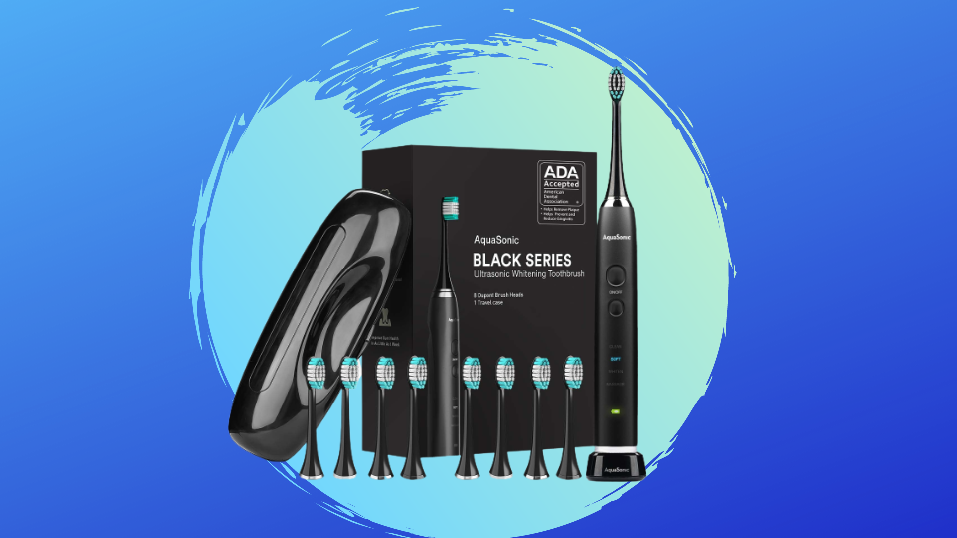 AquaSonic Black Series electric toothbrush with travel case and replacement brush heads in front of blue background