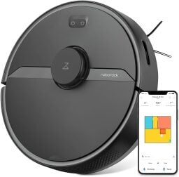 Roborock robot vacuum and smartphone with map on screen