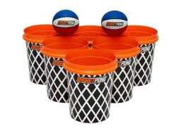 Set of basketball hoop-patterned bins with two balls on top