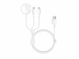 White charging cord with three ports and a charging pad
