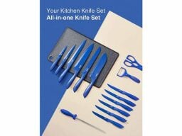 Set of 16 blue knives on cutting board with scissors, peeler, and meat stick