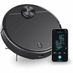 Wyze robot vacuum and smartphone with map on screen