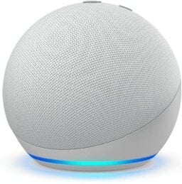 White spherical echo dot speaker with blue-lit base