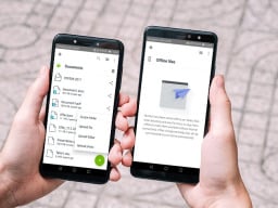 Two hands holding phones with documents and offline files screens showing