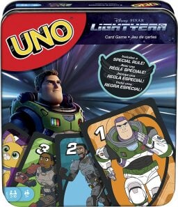 UNO Card box with Lightyear themed images and cards