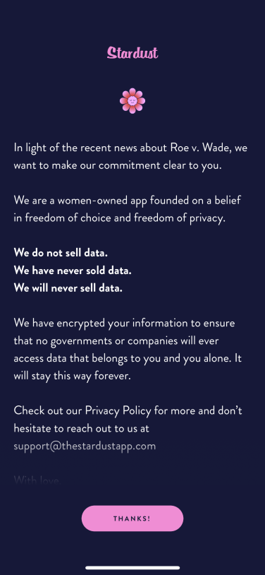 Screenshot of the Stardust app privacy alert.