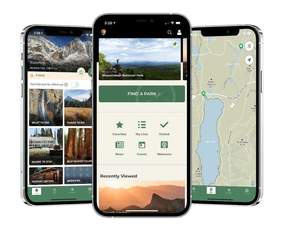 three iPhones with the National Park Service app open