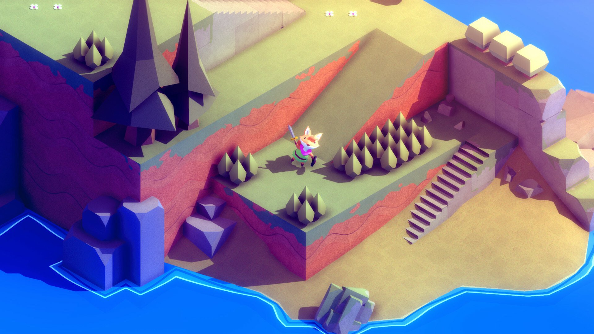 A screenshot from the video game "Tunic." A cartoon fox carrying a sword and shield is viewed from above in a polygonal beachside landscape.
