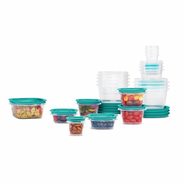 An assortment of Rubbermaid containers of different sizes with teal lids