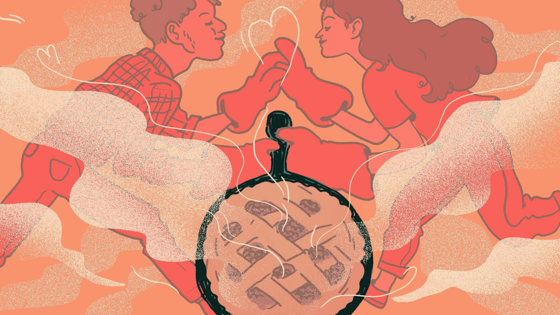 two people with oven mitts and steaming pie