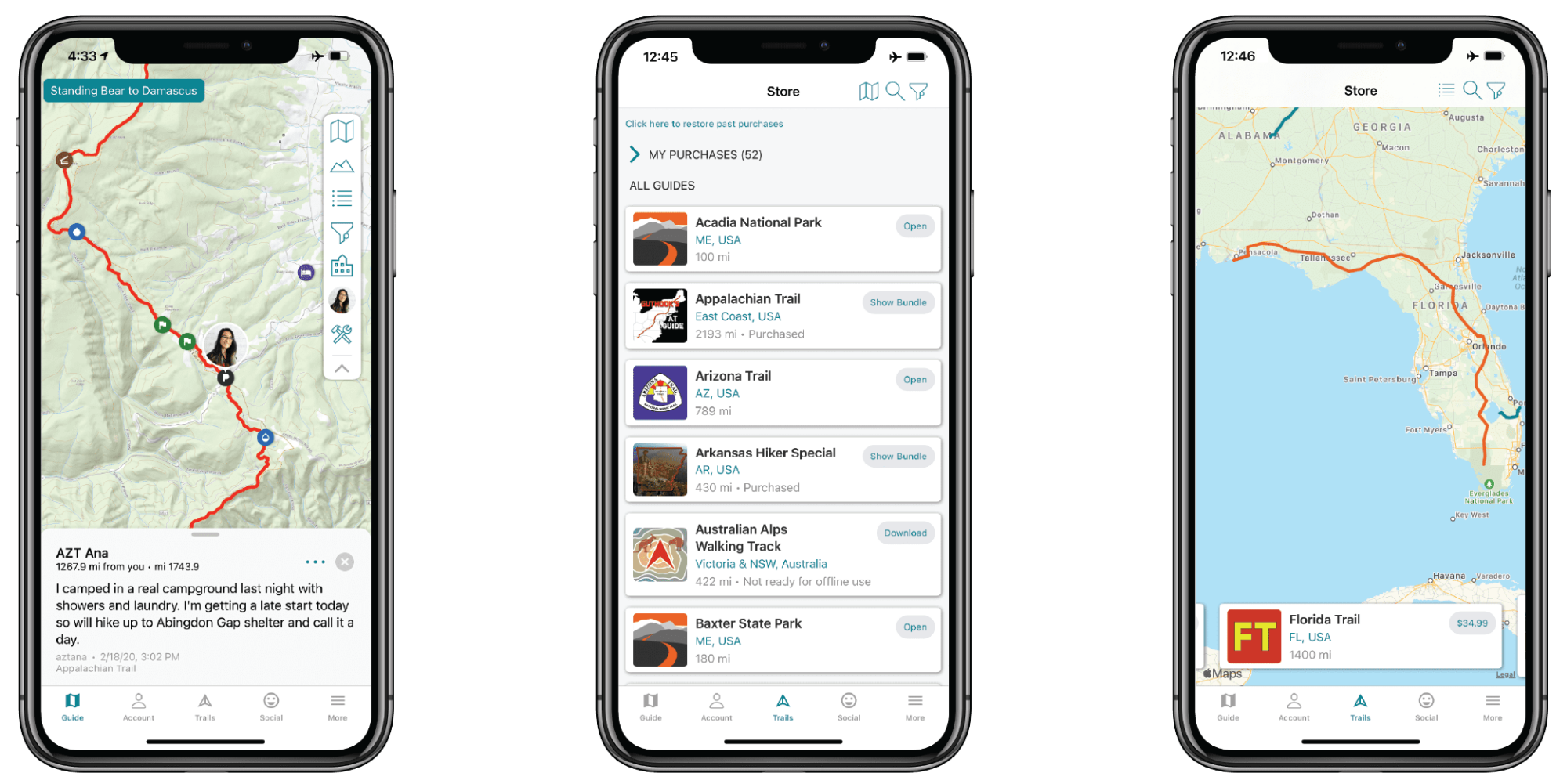 Three iPhones with Guthook Guides app open