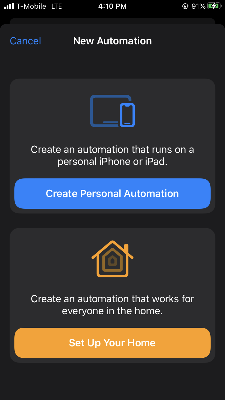 a screenshot of the automation screen on the schortcuts app