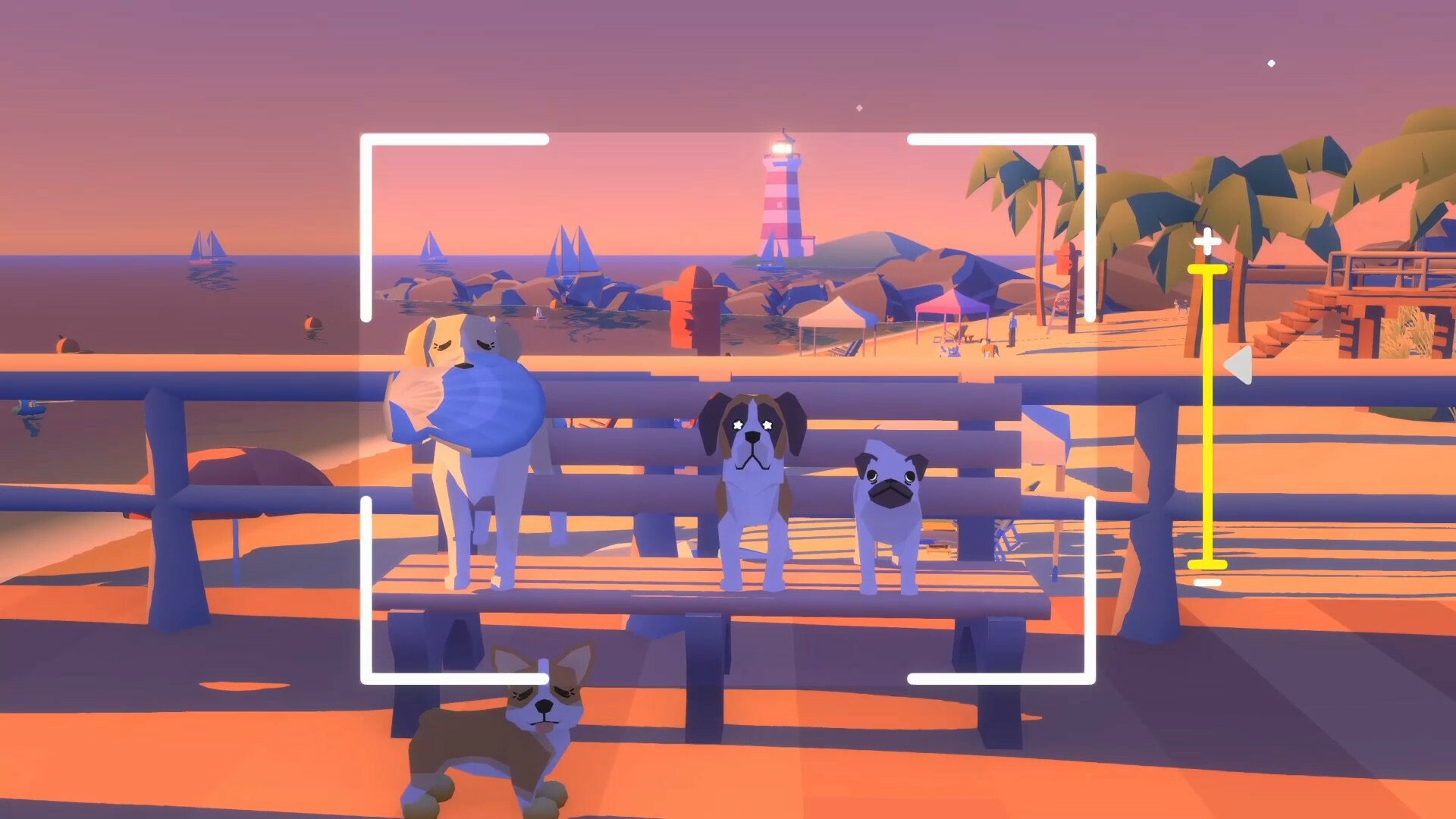A screenshot from the video game "Pupperazzi." Four dogs on a beach boardwalk, as seen through a camera viewfinder.