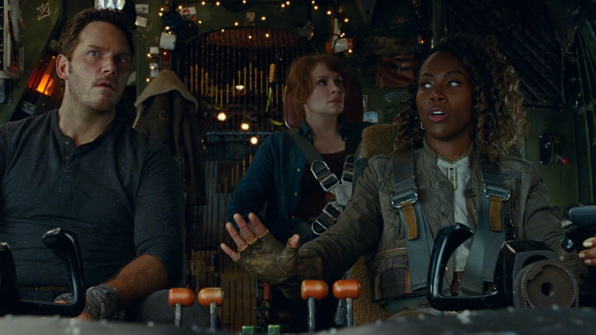 DeWanda Wise, Chris Pratt, and Bryce Dallas Howard in "Jurassic World: Dominion." 