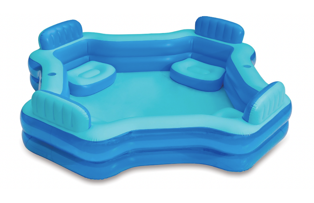 A blue inflatable pool with 4 built-in seats