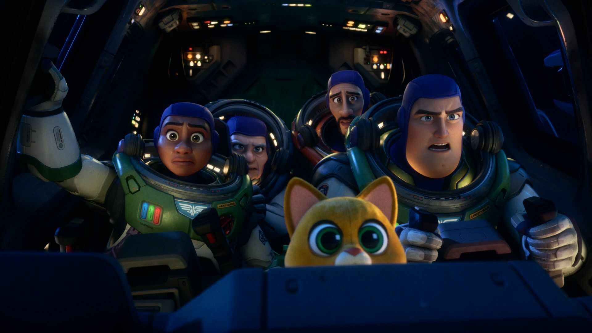 Buzz Lightyear, Izzy, Darby, Socks, and Mo in "Lightyear." 