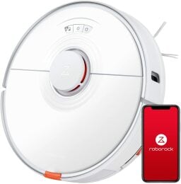White Roborock S7 vacuum and smartphone on red Roborock screen