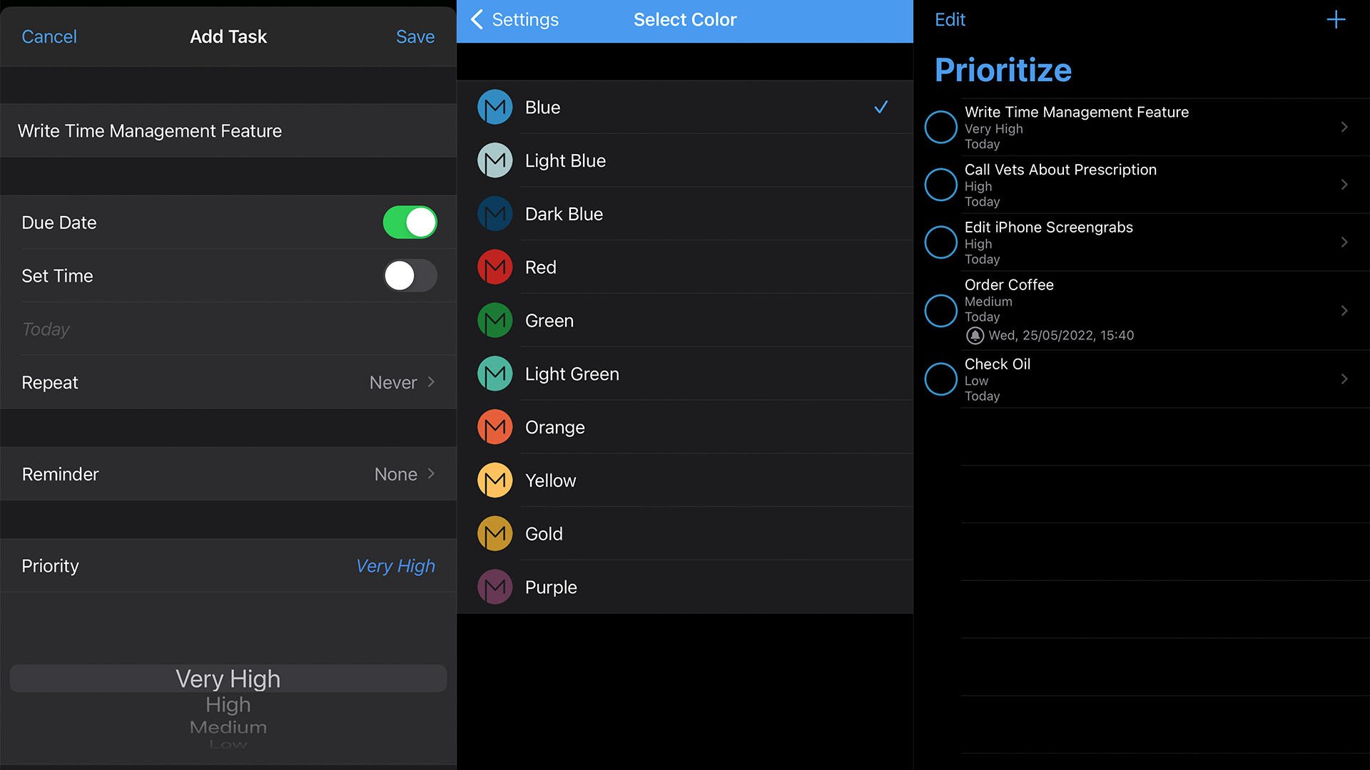 screenshots of prioritize app