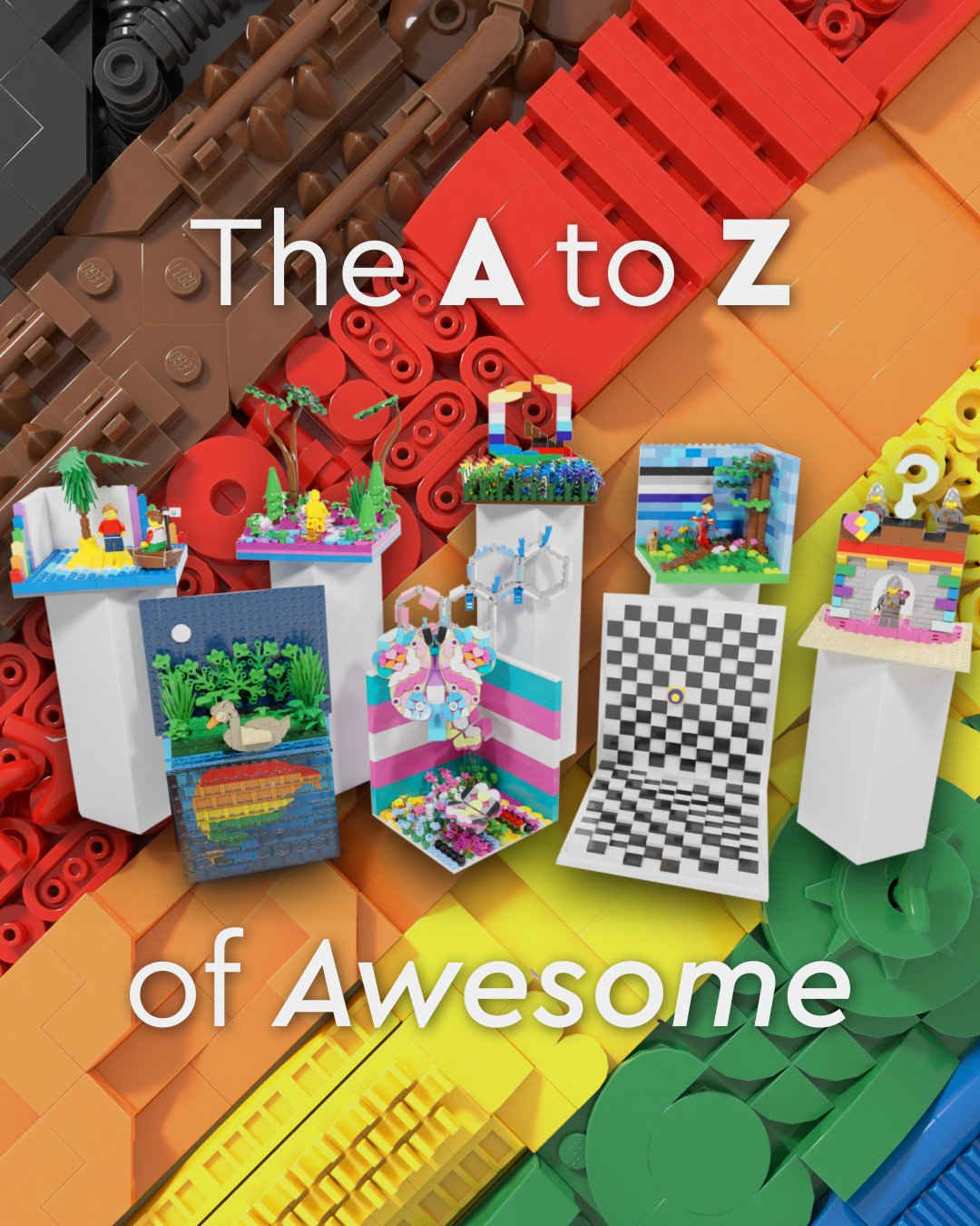 Various LEGO projects designed by LGBTQ people in front of a rainbow background.