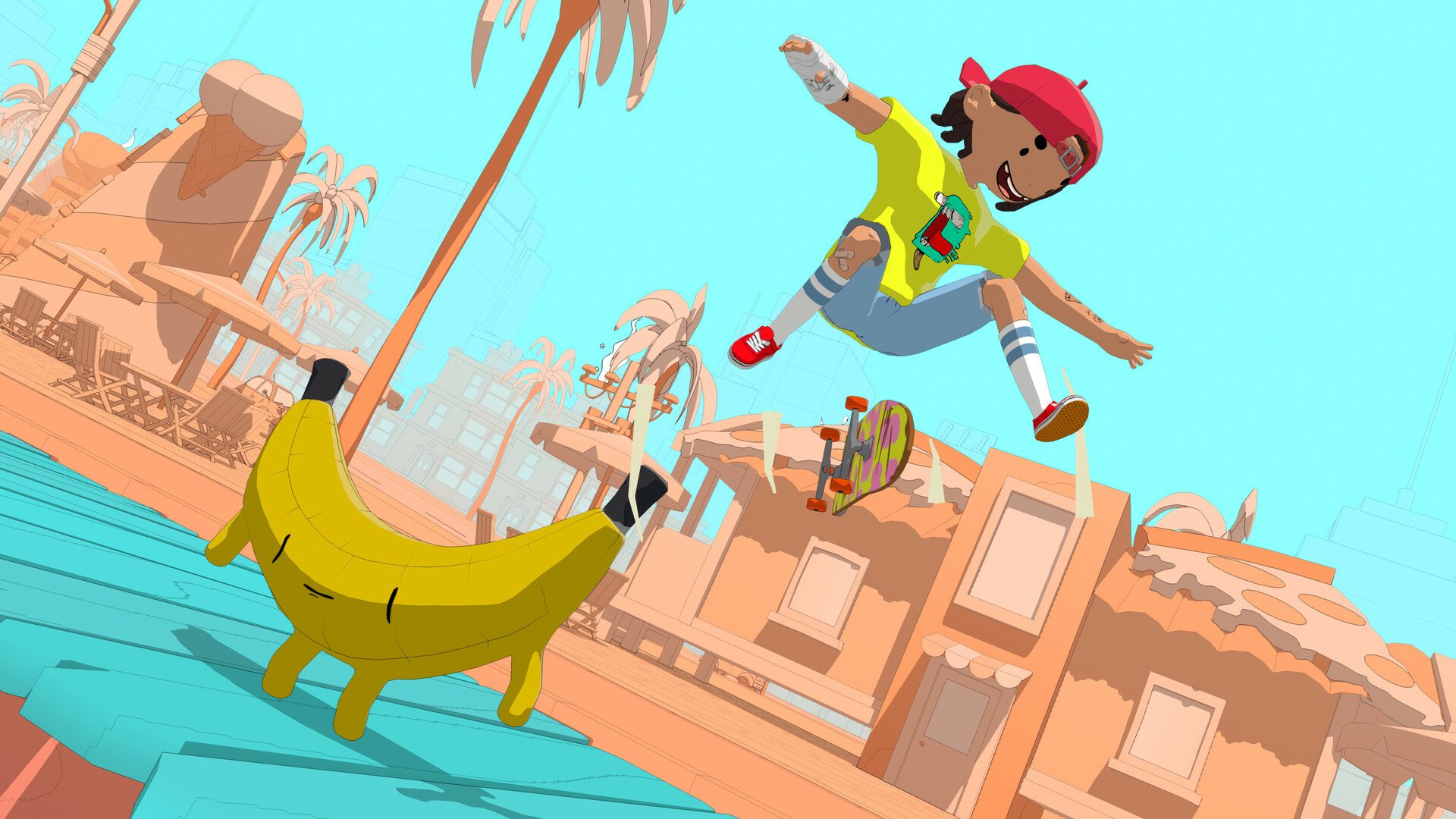A screenshot from "OlliOlli World." A skateboarder jumps over an anthropomorphized banana.