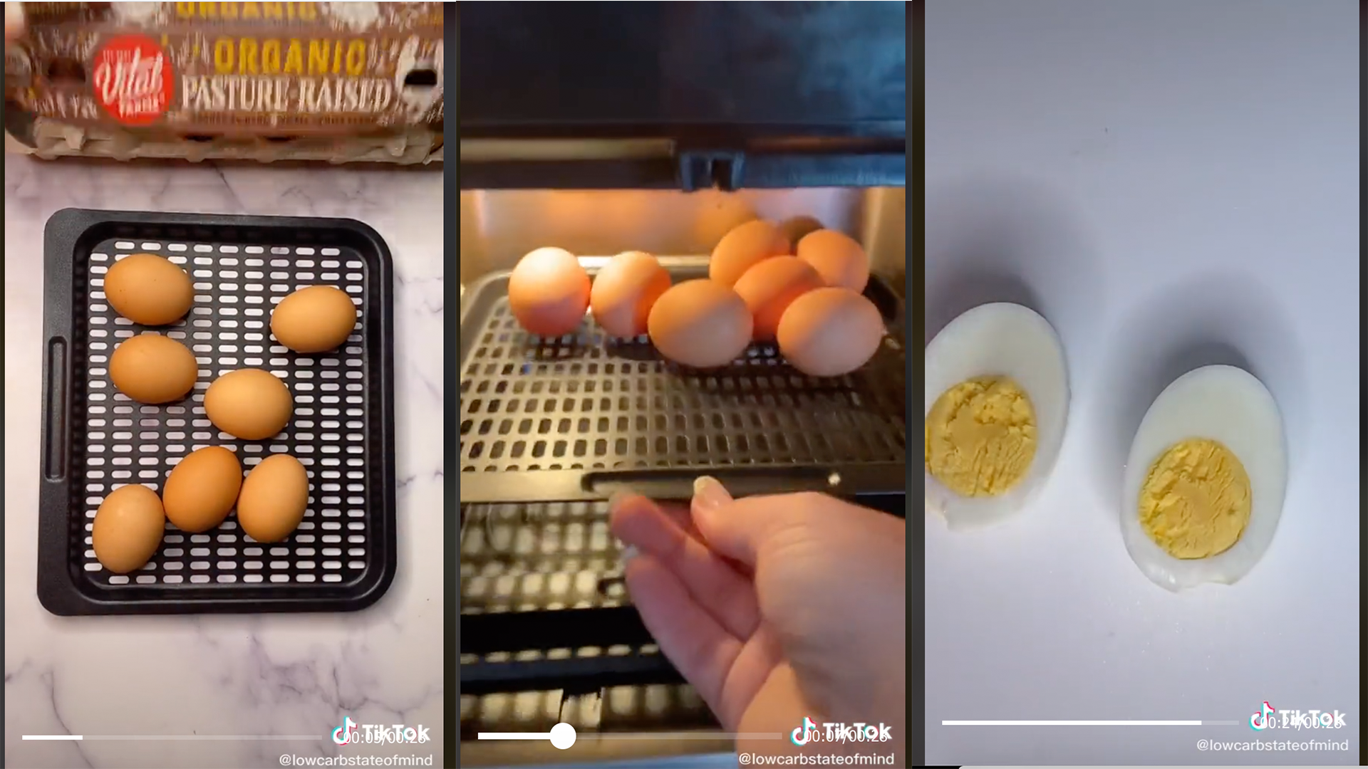 3 panel view of eggs going into air fryer and being cooked
