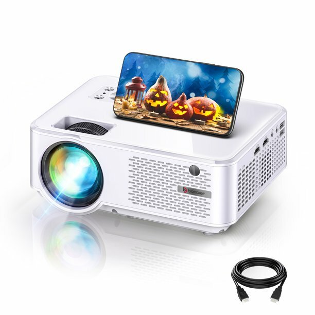 Mini white movie projector with phone on top