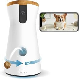 Furbo 360 with a phone screen showing a dog