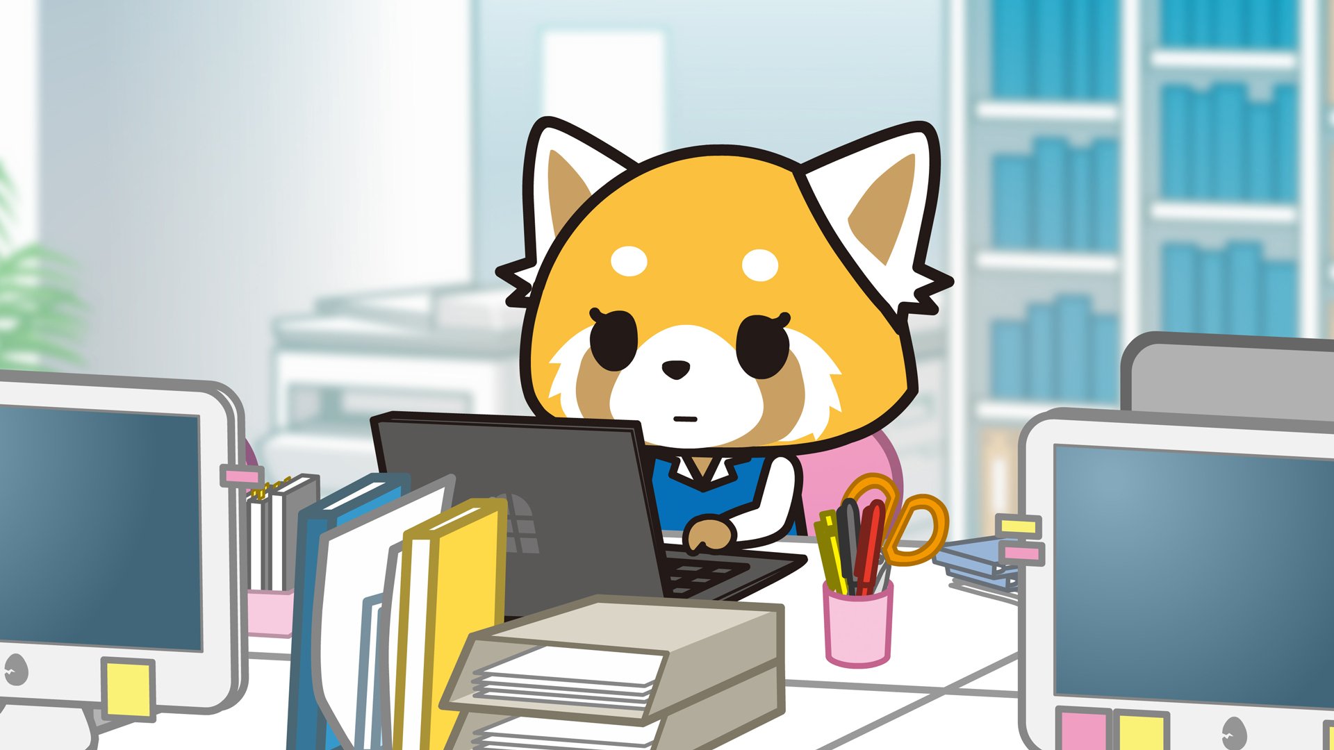 An animated red panda sits at an office desk typing at a computer.