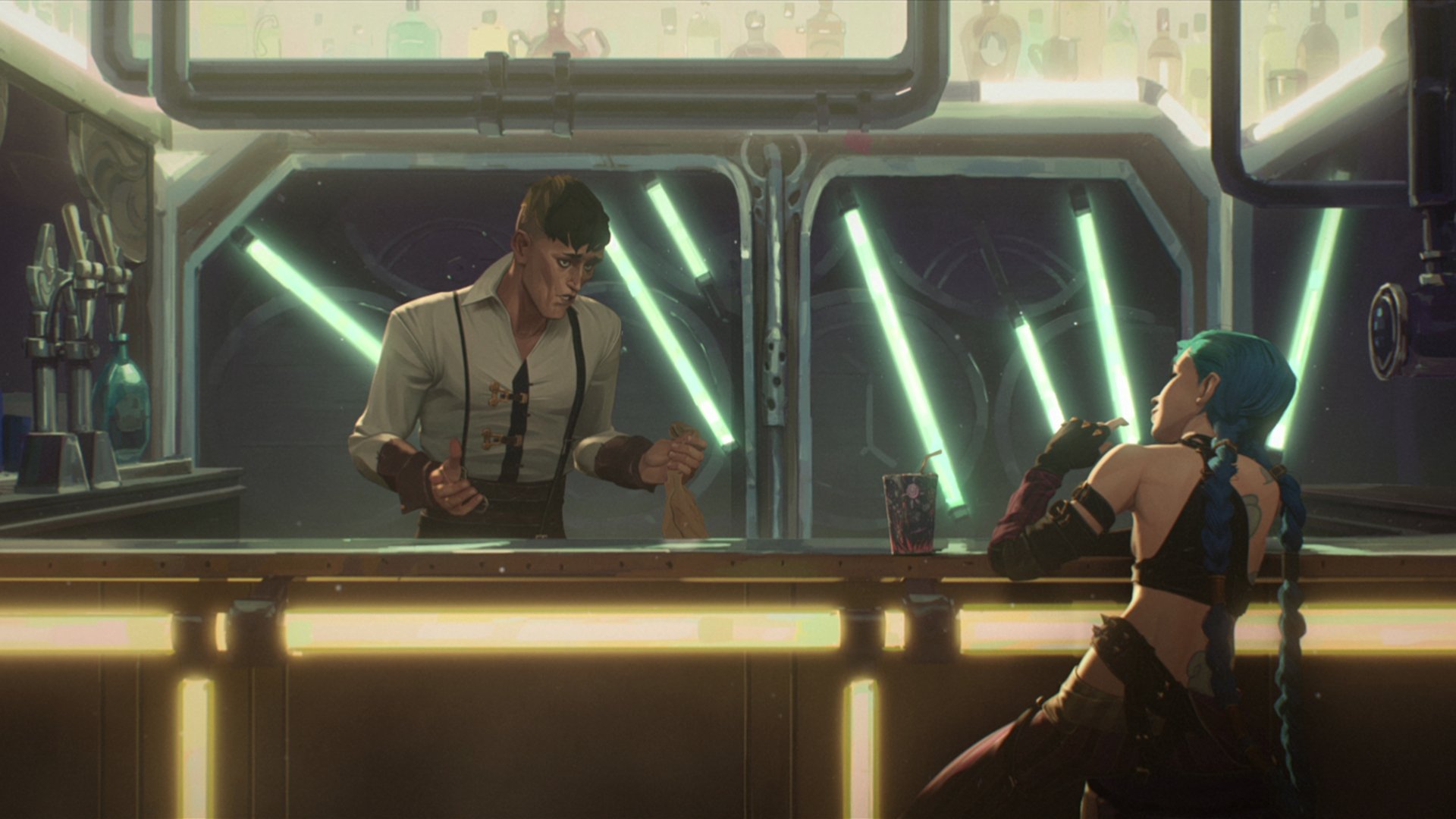 An animated scene showing a bartender in a futuristic, dilapidated bar, serving the character Jinx.